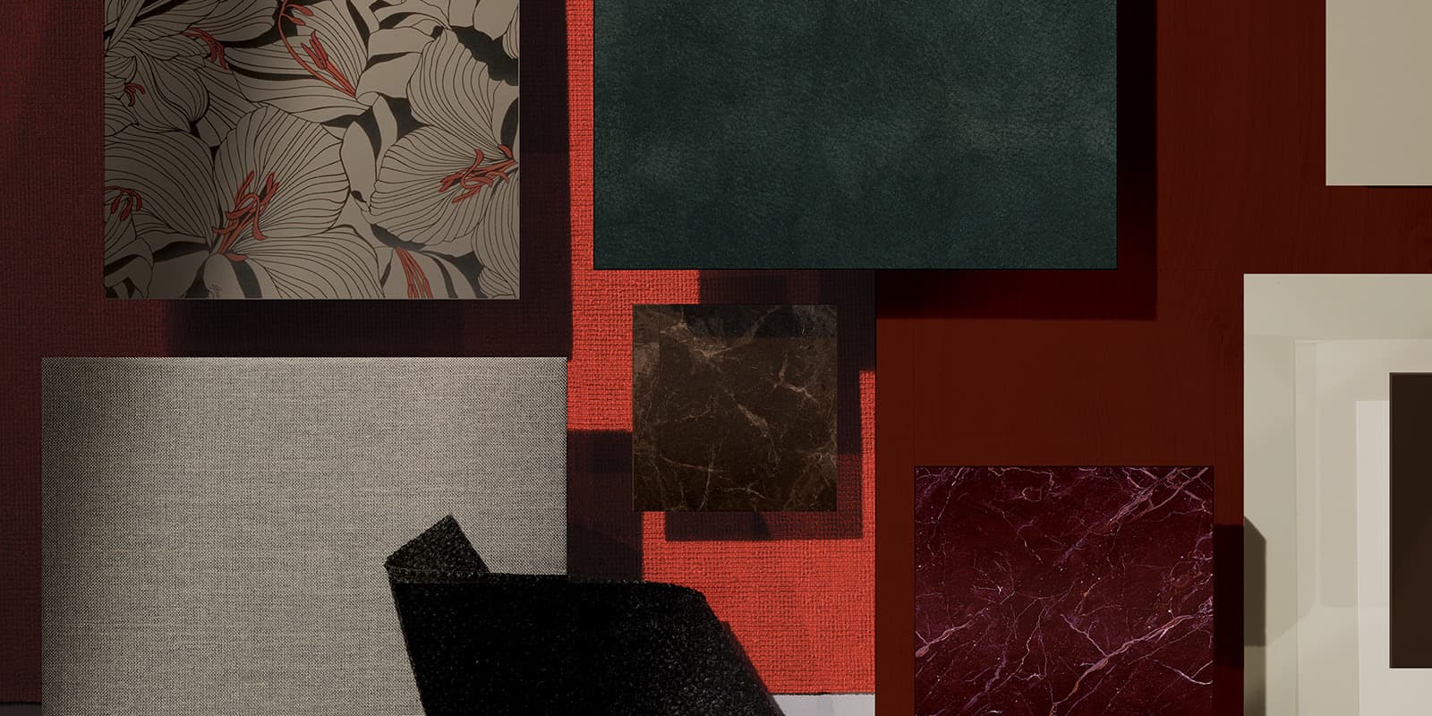 Interior design collage featuring textures, materials, and color palettes